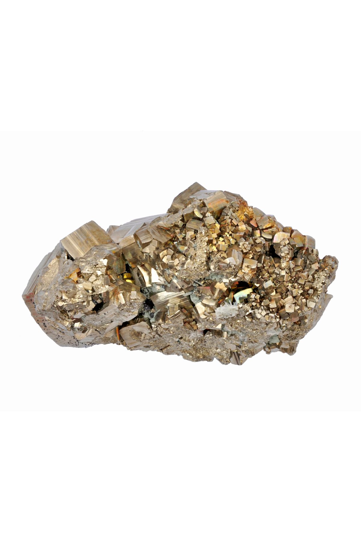 Pyrite crystal with white background.