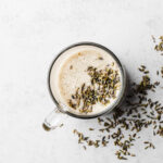 Overhead image of lavender moon milk with lavender buds on top.