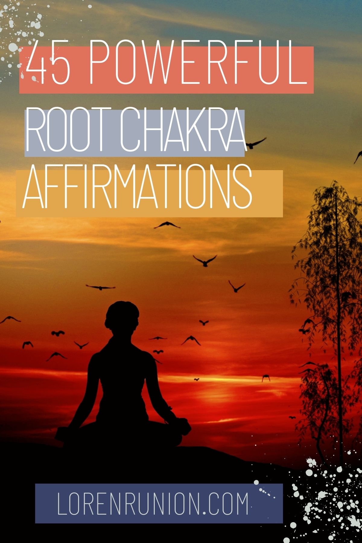 A silhouette in the sunset sitting meditating with birds in the sky.