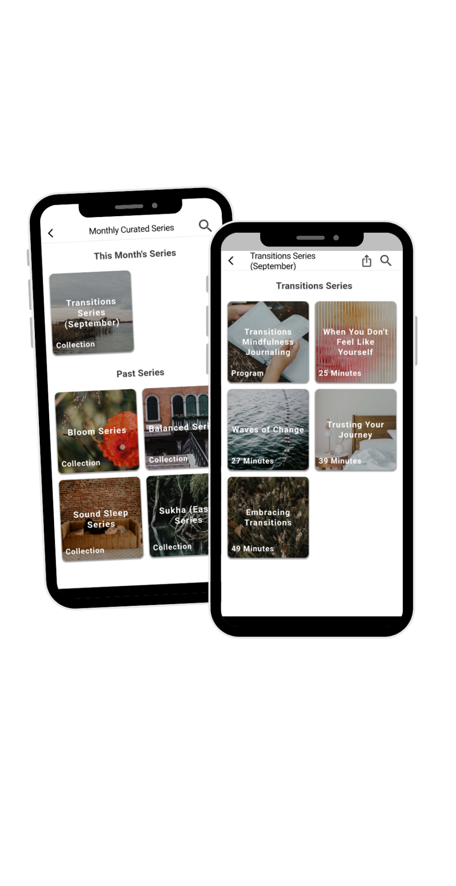 Yoga nidra app mock up. Two phones showing the monthly curated series in Intentionology.